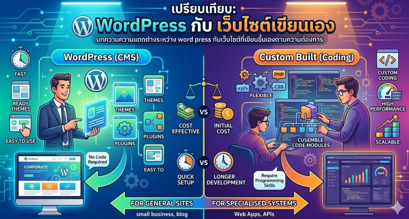 WordPress vs. Custom Web: เลือกแบบไหนที่ใช่สำหรับคุณ? รับทำเว็บไซต์ราคาถูก แต่คุณภาพระดับพรีเมียม