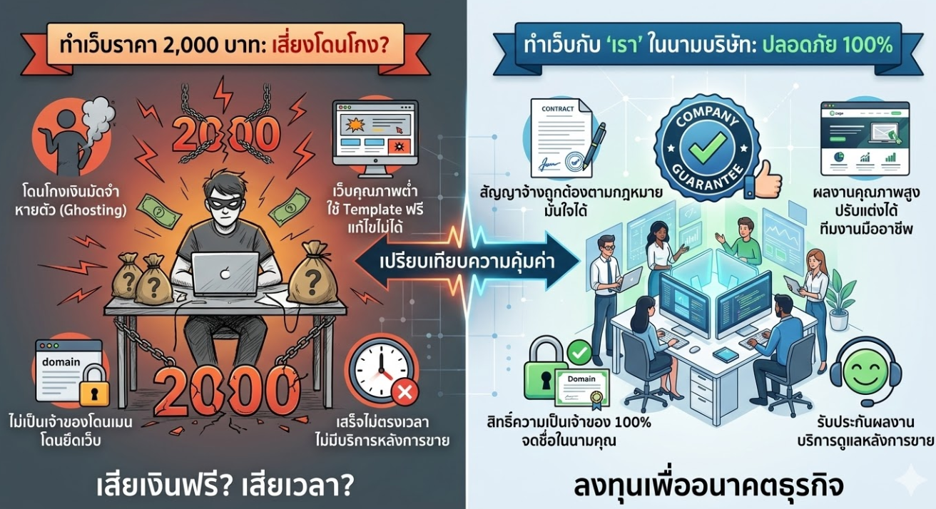 ทำเว็บไซต์ราคาถูก 2,000 บาท: โอกาสทองของธุรกิจ หรือกับดักที่อาจทำให้คุณ "เสียทั้งเงินและเวลา"? รับทำเว็บไซต์ราคาถูก แต่คุณภาพระดับพรีเมียม