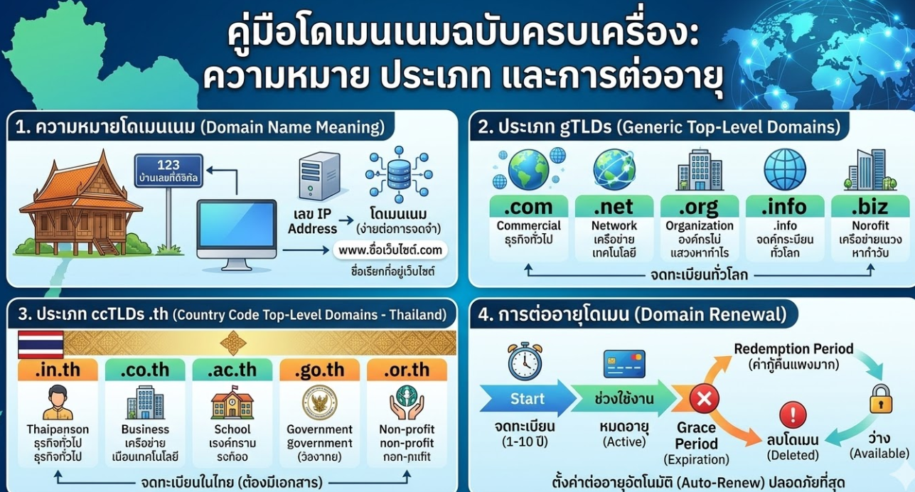 คู่มือโดเมนเนมฉบับครบเครื่อง: ความหมาย ประเภท และการต่ออายุที่คุณต้องรู้ รับทำเว็บไซต์ราคาถูก แต่คุณภาพระดับพรีเมียม