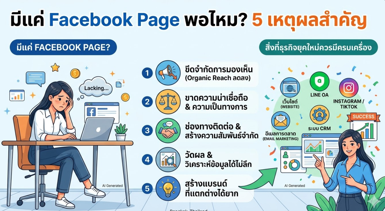 มีแค่ Facebook Page พอไหม? 5 เหตุผลที่ธุรกิจยุคใหม่ต้องมีเว็บไซต์เป็นของตัวเอง รับทำเว็บไซต์ราคาถูก แต่คุณภาพระดับพรีเมียม