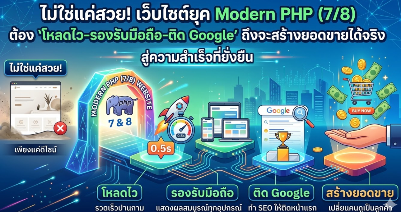 "ไม่ใช่แค่สวย! เว็บไซต์ยุค Modern PHP (7/8) ต้อง 'โหลดไว-รองรับมือถือ-ติด Google' ถึงจะสร้างยอดขายได้จริง" รับทำเว็บไซต์ราคาถูก แต่คุณภาพระดับพรีเมียม