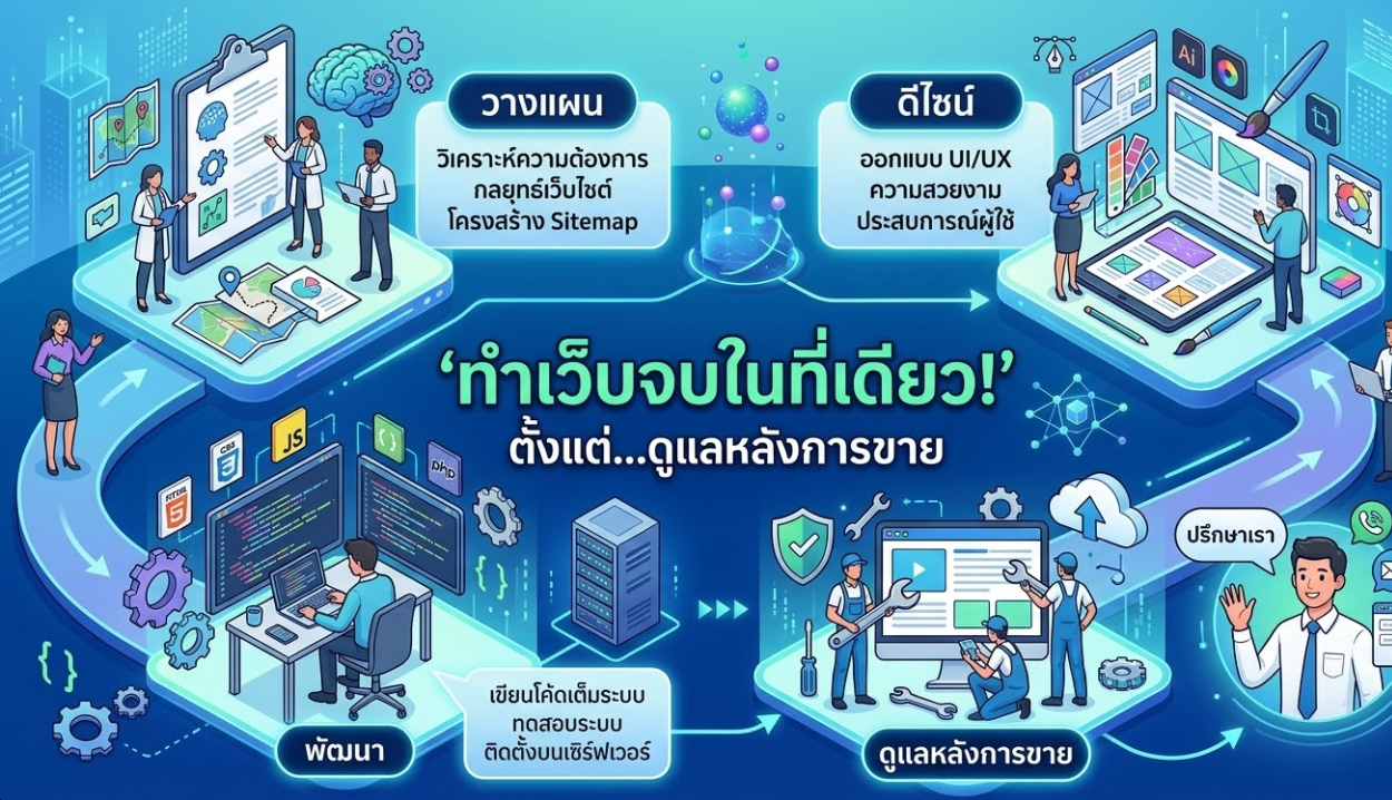 "ทำเว็บจบในที่เดียว! ตั้งแต่วางแผน, ดีไซน์, พัฒนา, ไปจนถึงดูแลหลังการขาย (Maintenance) ปรึกษาเรา" รับทำเว็บไซต์ราคาถูก แต่คุณภาพระดับพรีเมียม